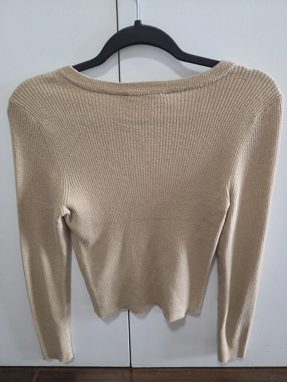 Michael Kors Gold-Trim Beige Ribbed Knit Top